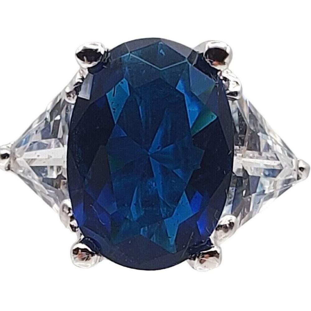 Blue Oval Cocktail Ring Clear CZ Stones Silver Tone Band Vintage Costume Size 7